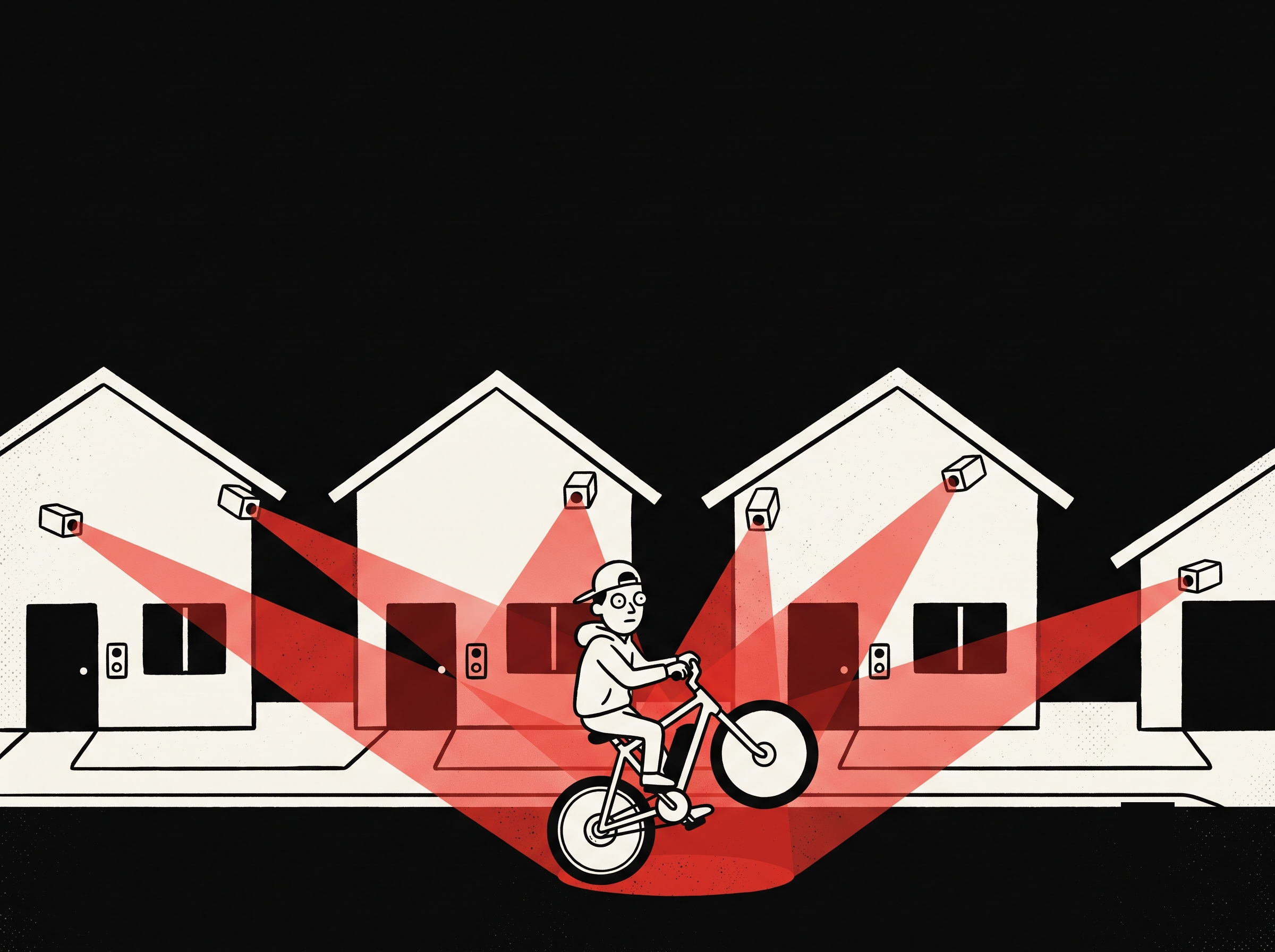 Cartoon of a night street where every porch doorbell camera points its beam at a kid doing a wheelie