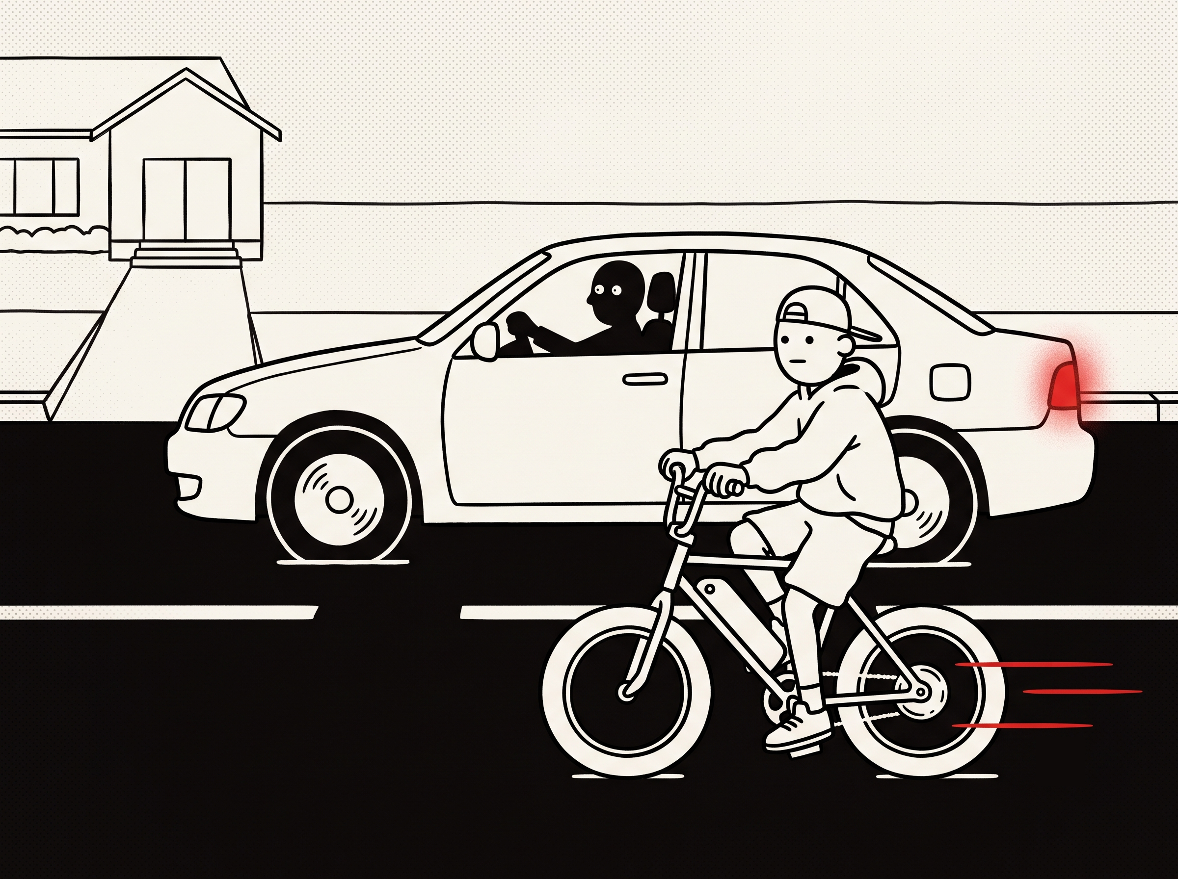 Cartoon of a car turning left into a driveway while a rider blasts up its left side