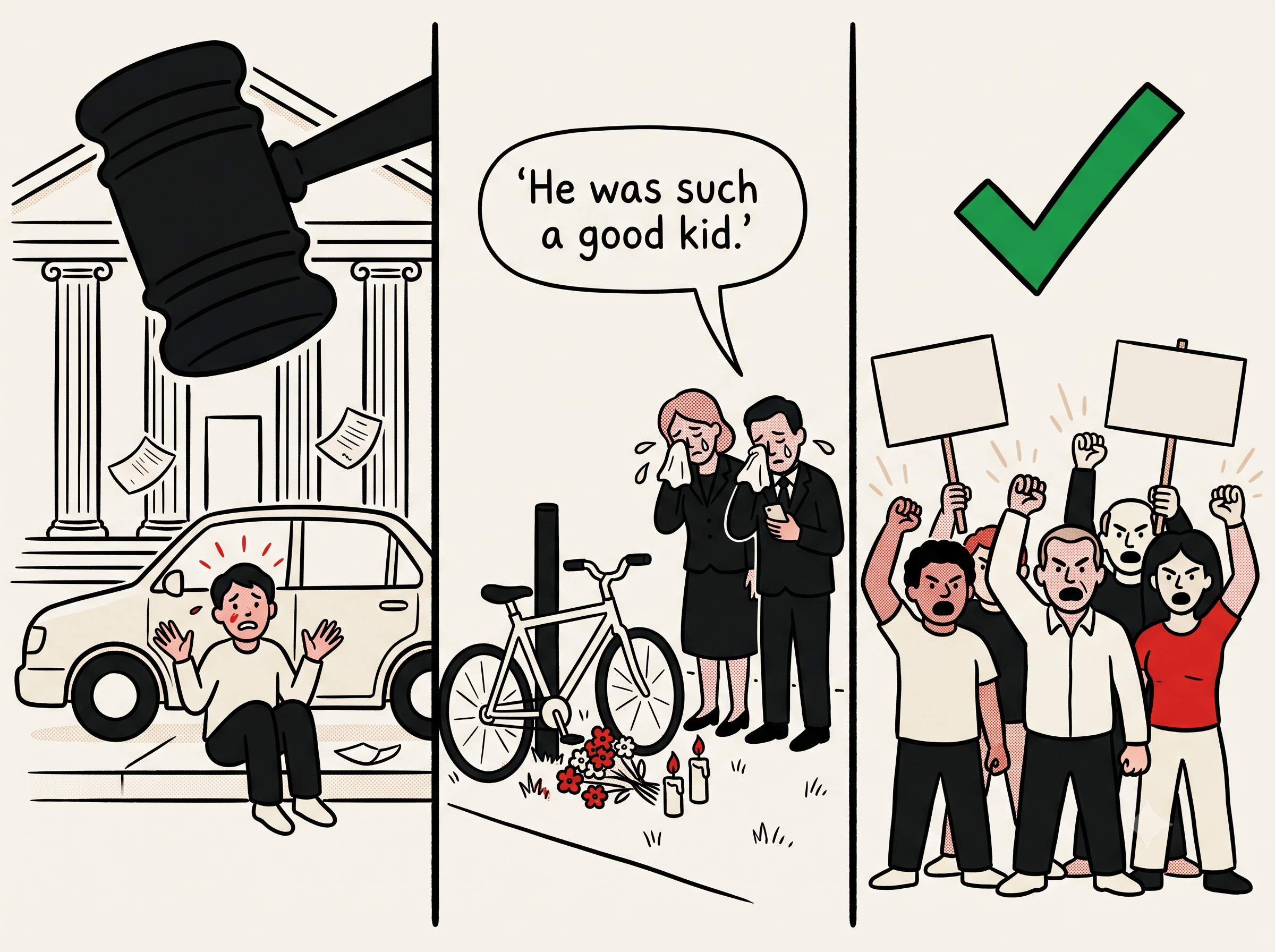Three-panel cartoon: an innocent driver crushed by the courts, a crocodile-tears memorial, and neighbors protesting together under a green check