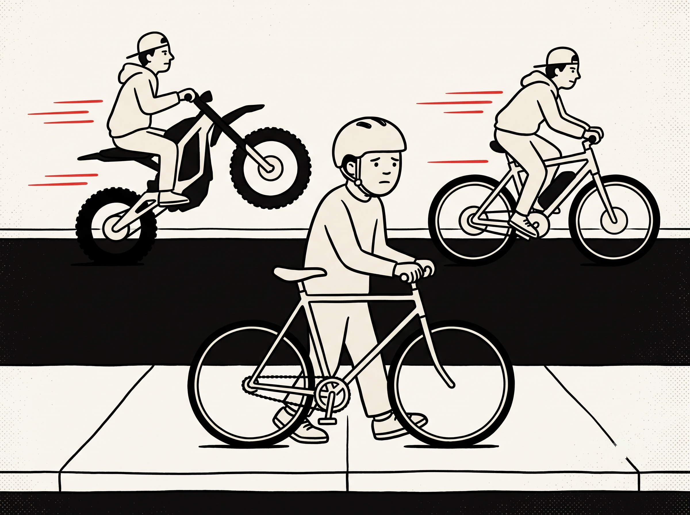 Cartoon of a helmeted kid walking his pedal bike off the road while riders blast past