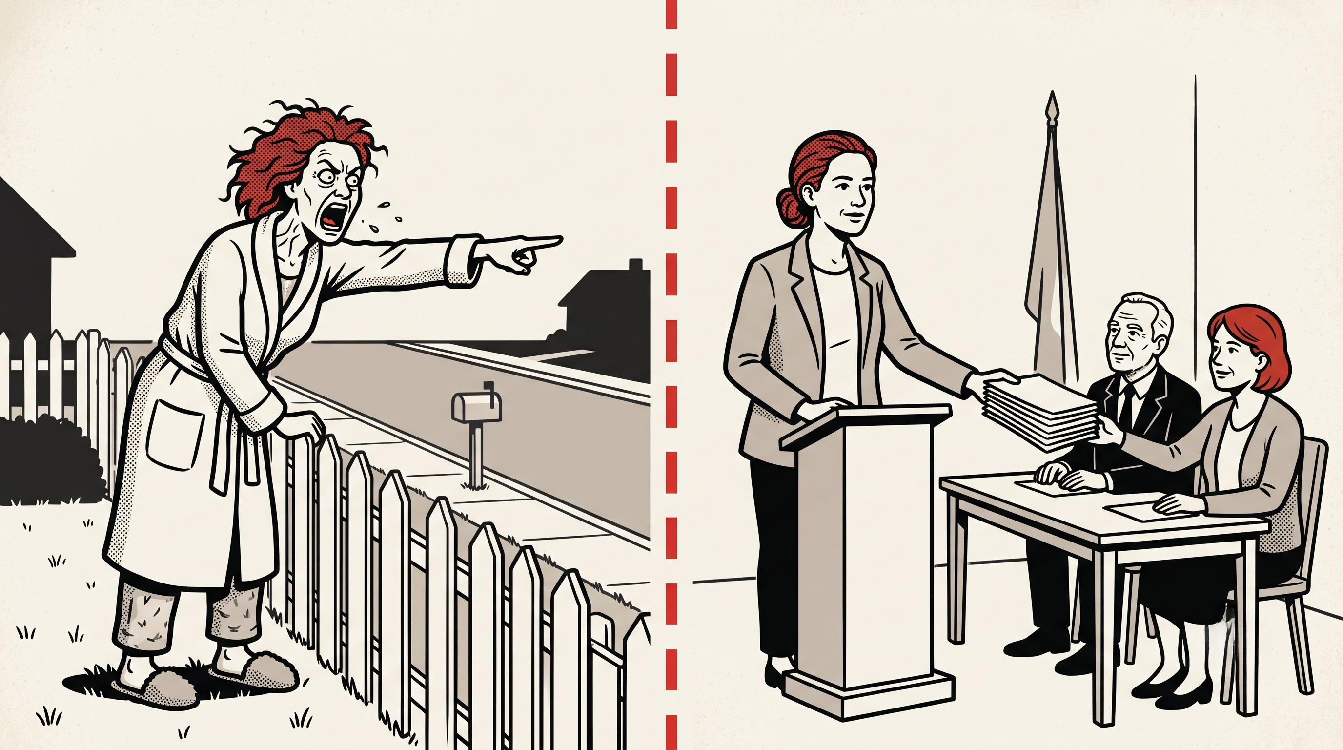 Split cartoon: the same woman screaming over a fence at an empty street on one side, and calmly handing a thick petition to town officials at a podium on the other